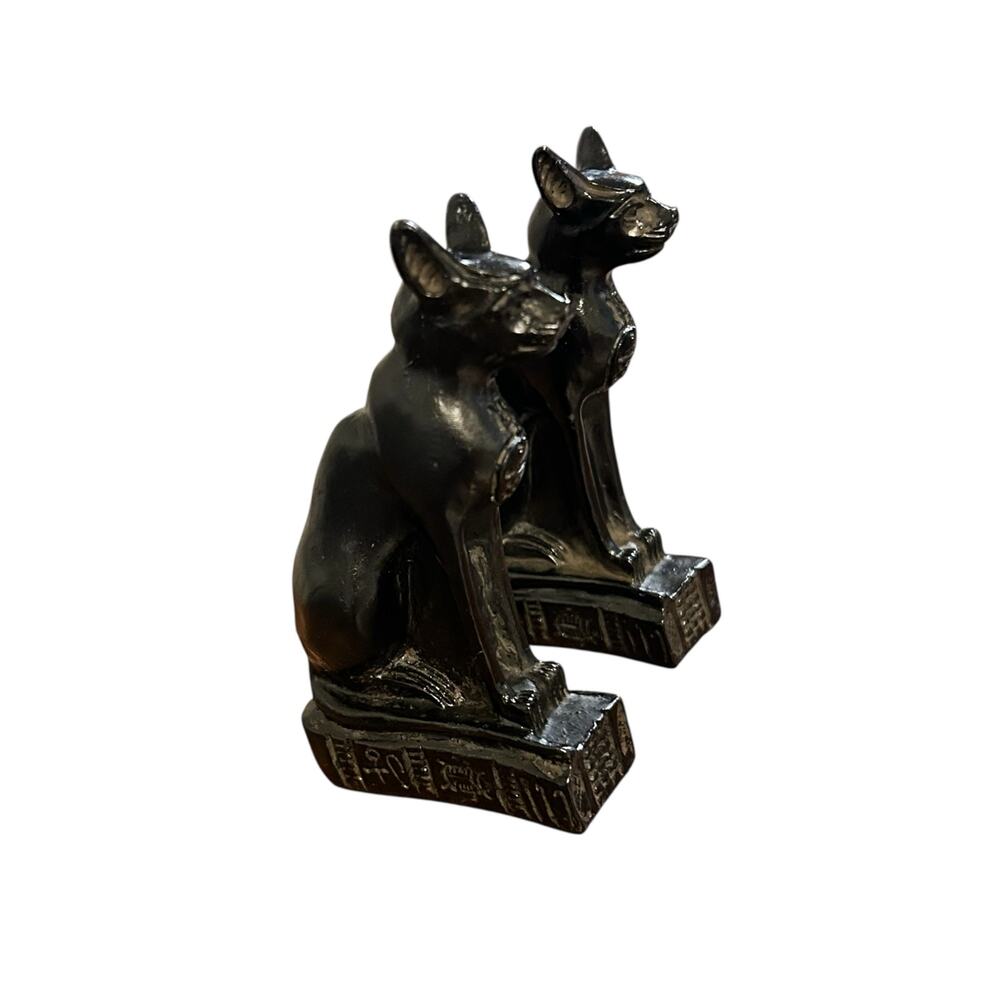 Pair Egyptian Bastet Cat Goddess Statues w/ Scarab Medallion Hieroglyph Base - Picture 3 of 7